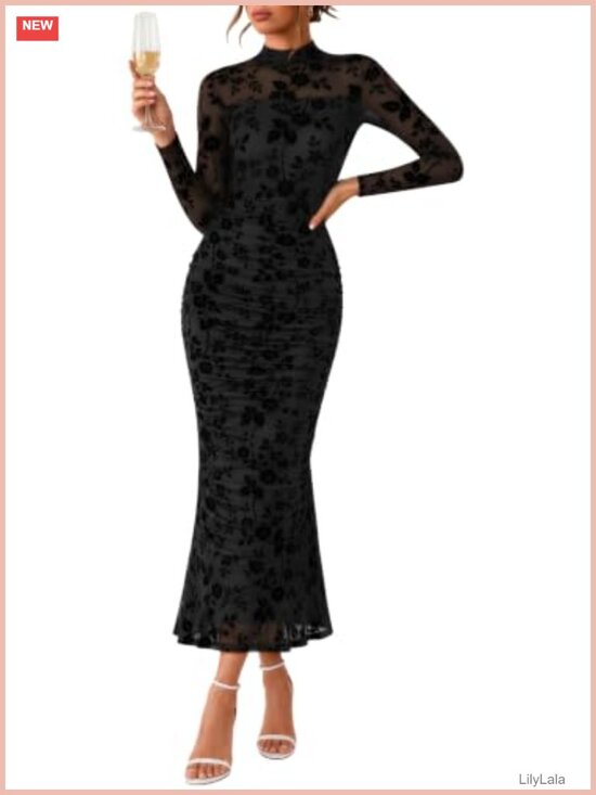 Dresses & Skirts - Long Sleeve Floral Bodycon Ruched Mesh Maxi Dress Formal Party Wedding Guest